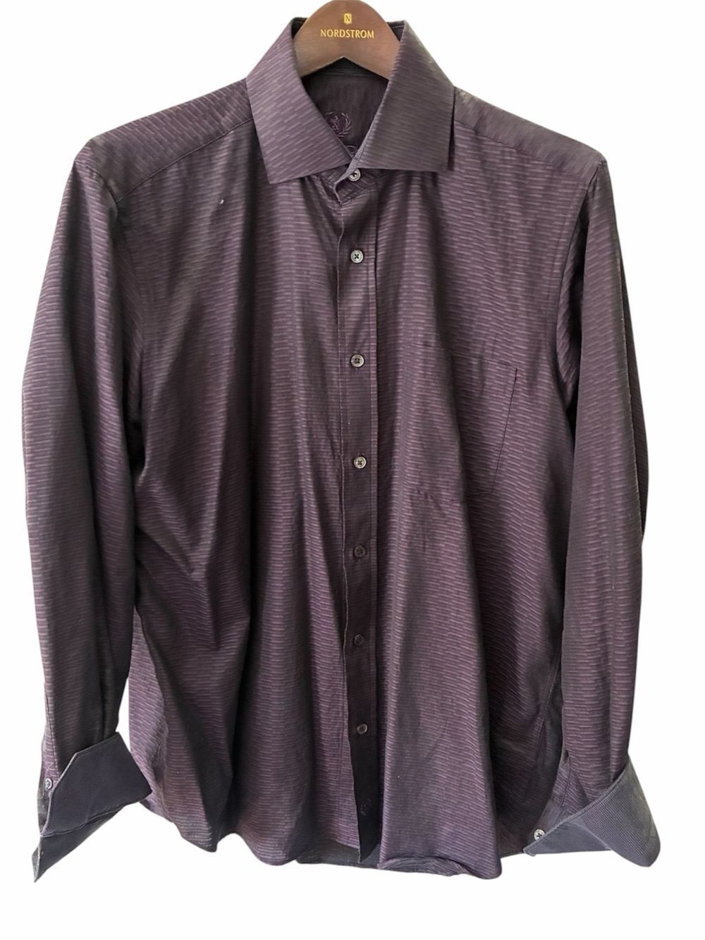 Bugatchi Uomo Button‑Down Shirt – Purple Textured Stripe – Size Medium (Classic